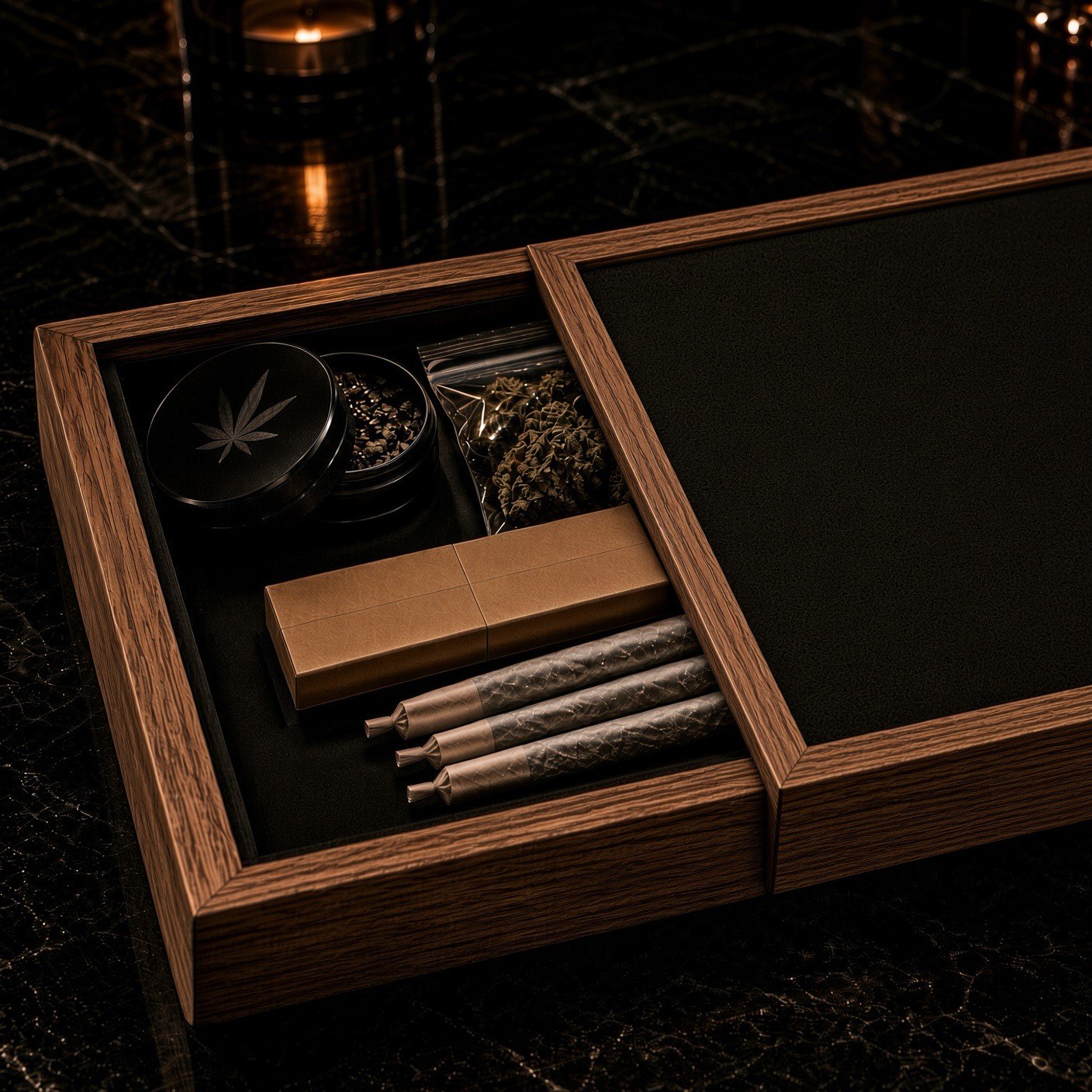 Zion Rolling Co tray with the top slid open, revealing the storage drawer